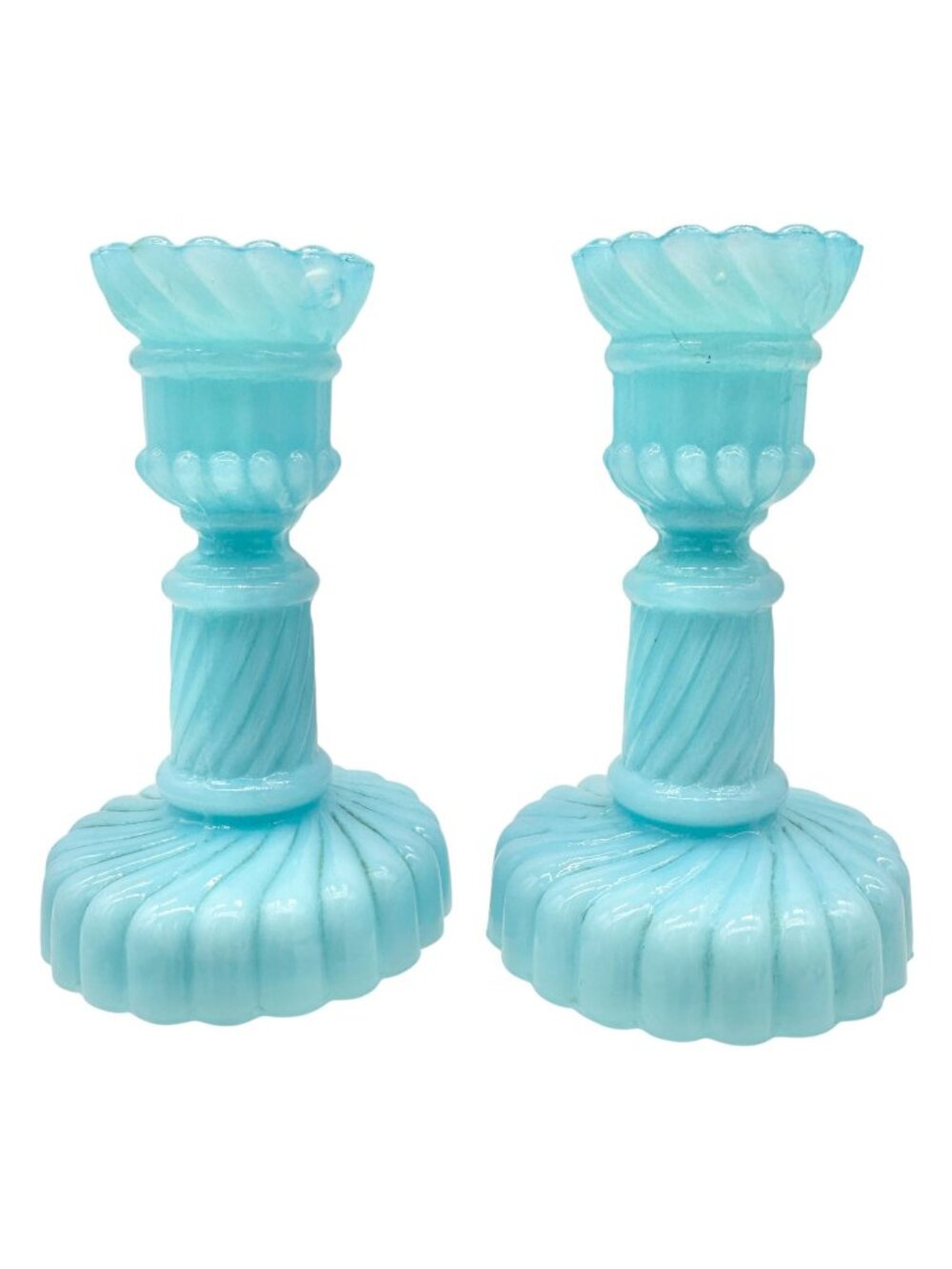 Westmoreland Blue Milk Glass Candlesticks Pair Vintage Childrens Tableware 3.5"H